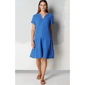 J. Jill Cotton Gauze Tiered Blue Dress, Size Medium Petite